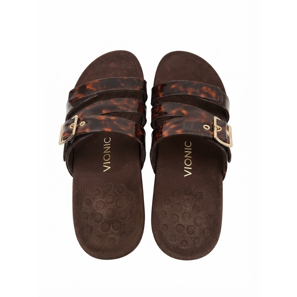 Vionic Skylar Sandals Women 8W Brown Tortoise Patent Slide‎ Orthotic New Box